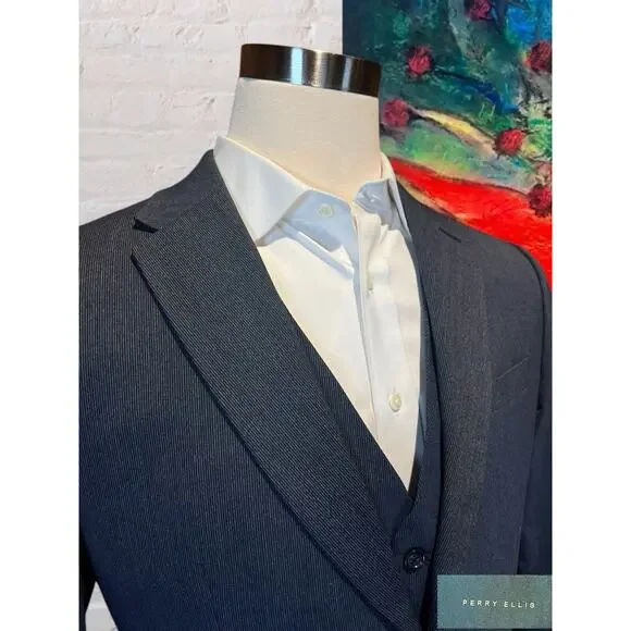 Perry Ellis 3 Piece Suit 44R 38x31.5 Navy Blue and White Textured Look - Picture 6 of 16